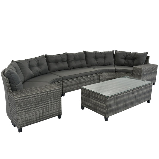 8-Pc Outdoor Wicker Round Sofa Set, Half-Moon All-Weather Curved Sectional